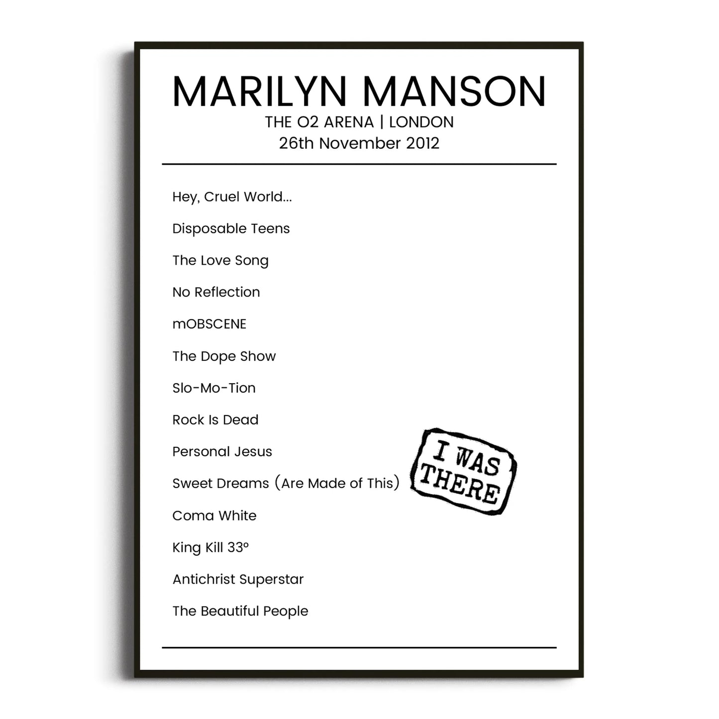 Marilyn Manson London 26 November 2012 Setlist Poster