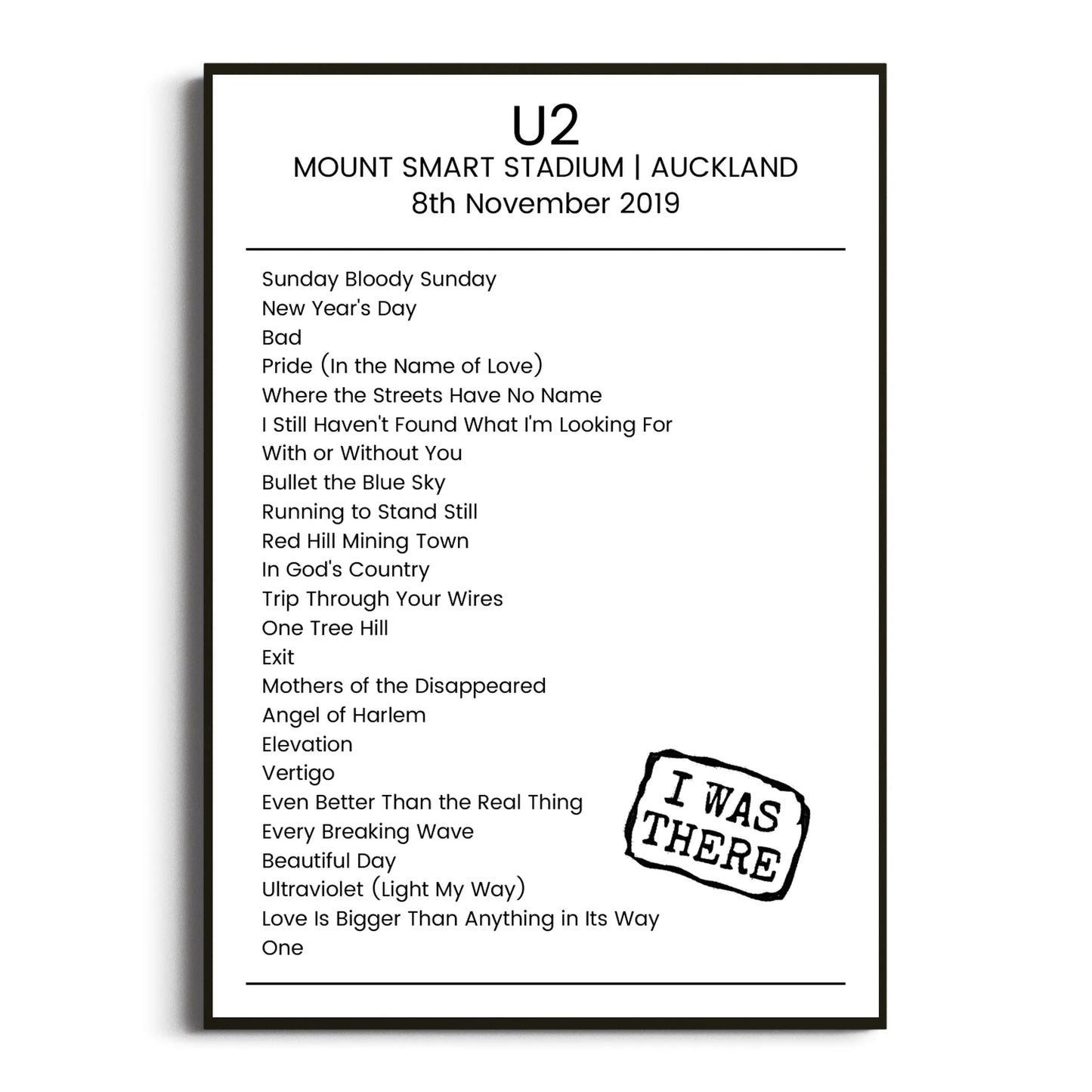 U2 Auckland 08 November 2019 Setlist Poster