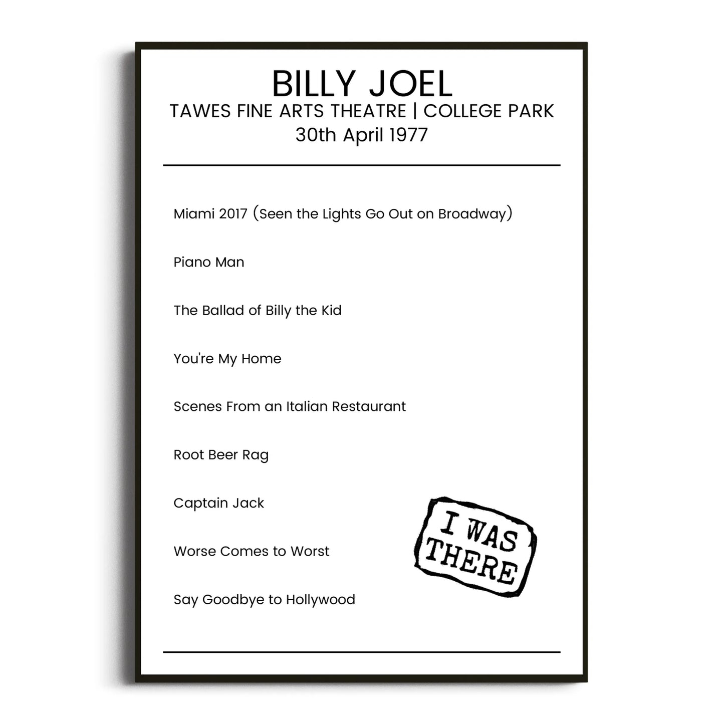 Billy Joel College Park 30 April 1977 Setlist Poster