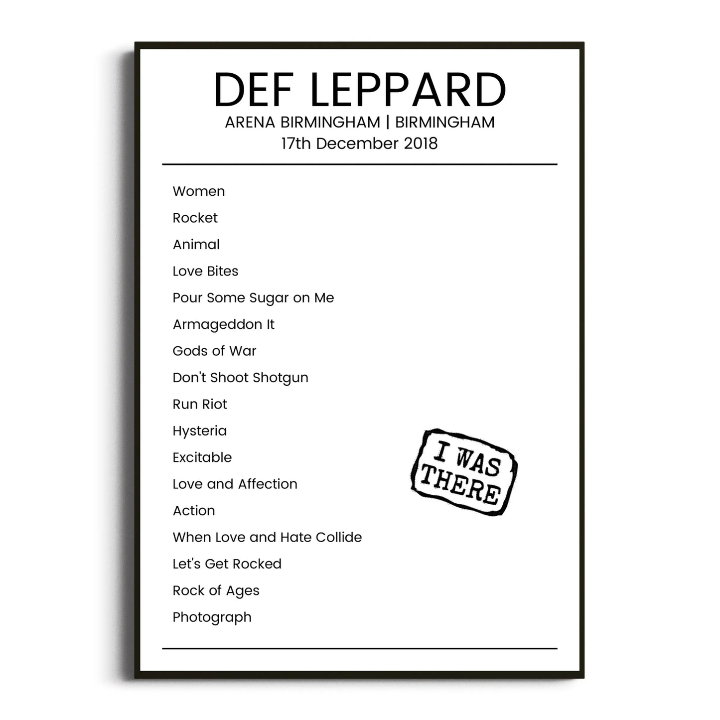 Def Leppard Birmingham 17 December 2018 Setlist Poster