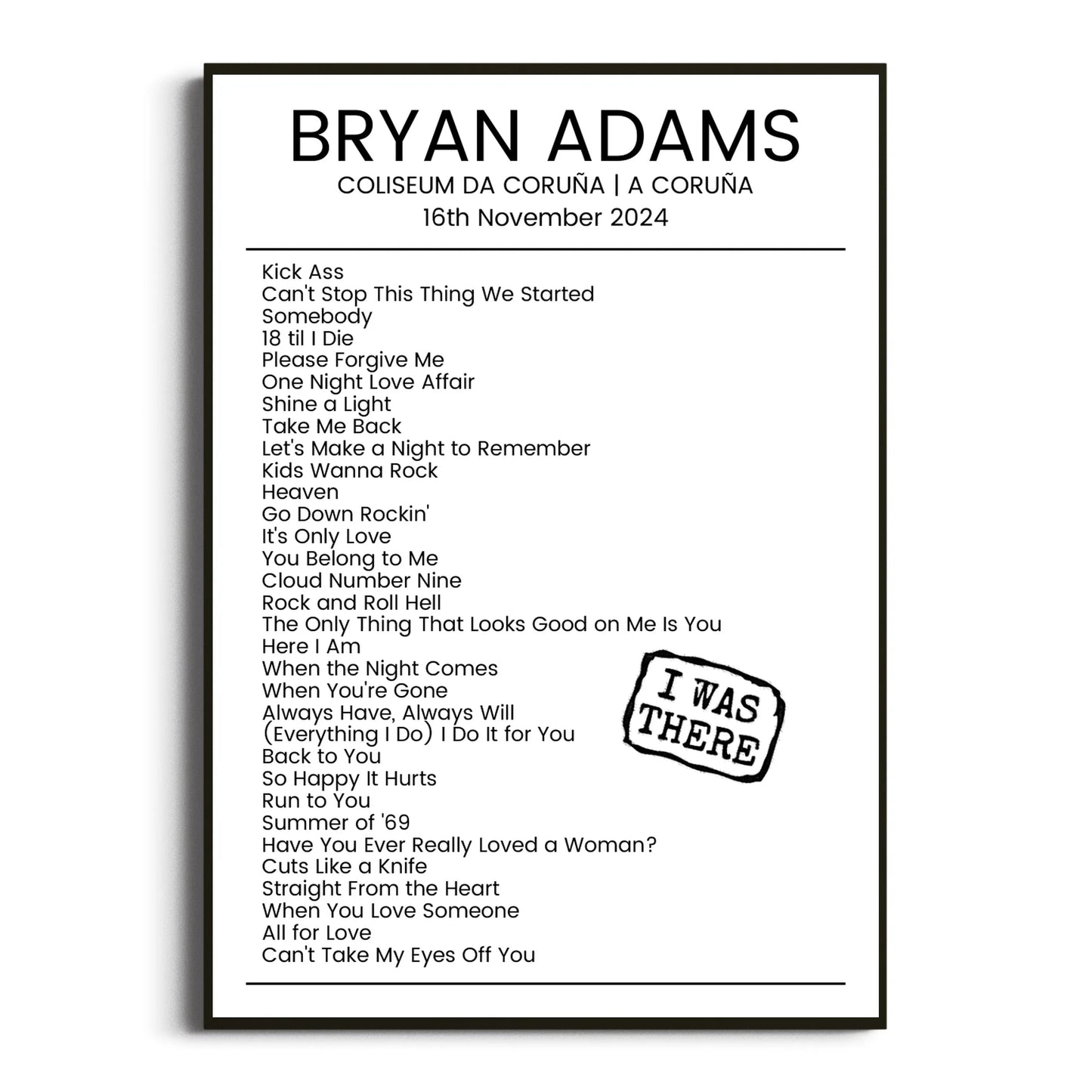 Bryan Adams A Coruña 16 November 2024 Setlist Poster