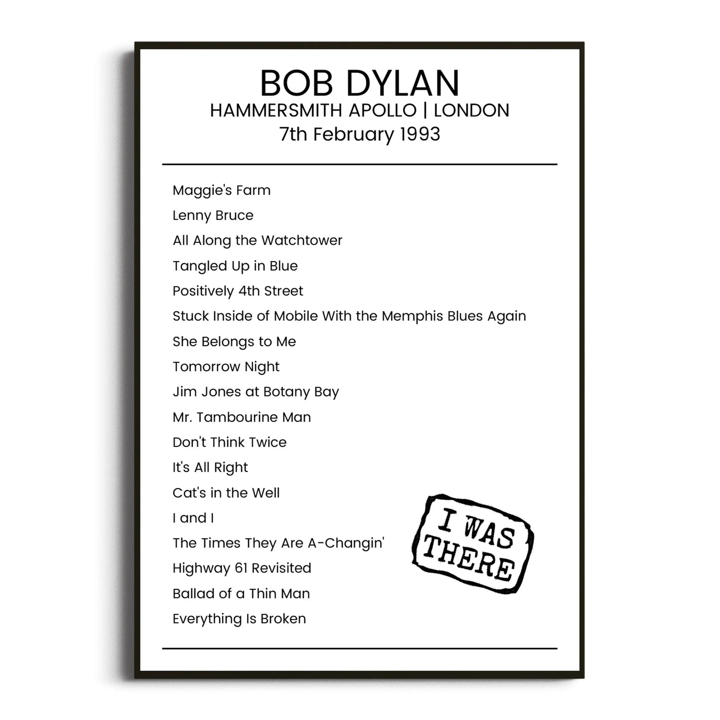 Bob Dylan London 07 February 1993 Setlist Poster