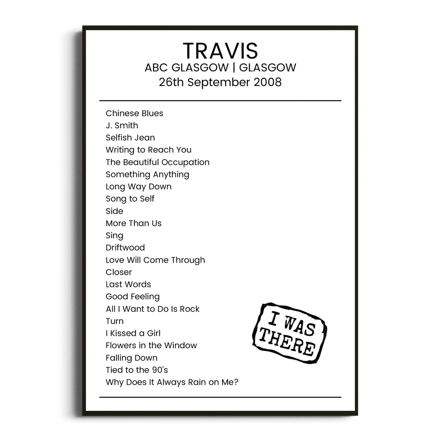 Travis Glasgow 26 September 2008 Setlist Poster