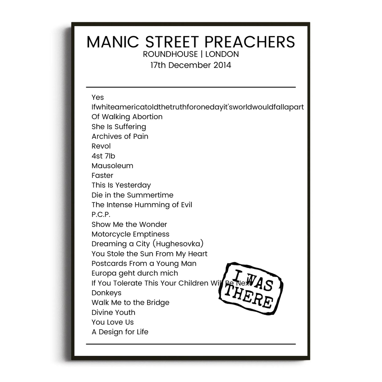 Manic Street Preachers London 17 December 2014 Setlist Poster