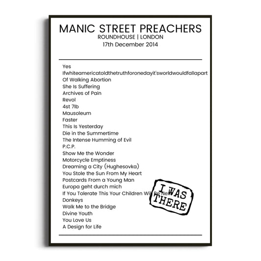 Manic Street Preachers London 17 December 2014 Setlist Poster