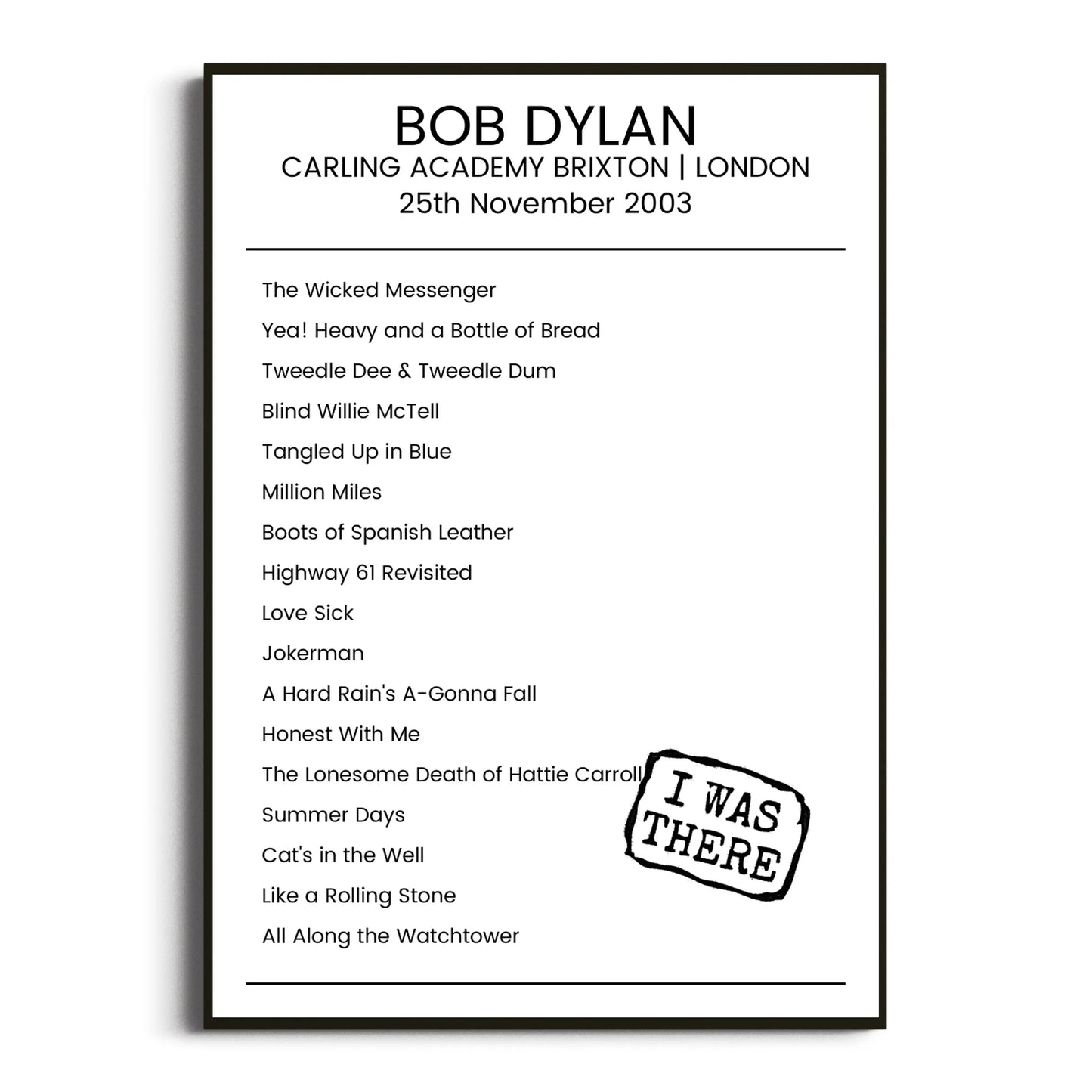 Bob Dylan London 25 November 2003 Setlist Poster