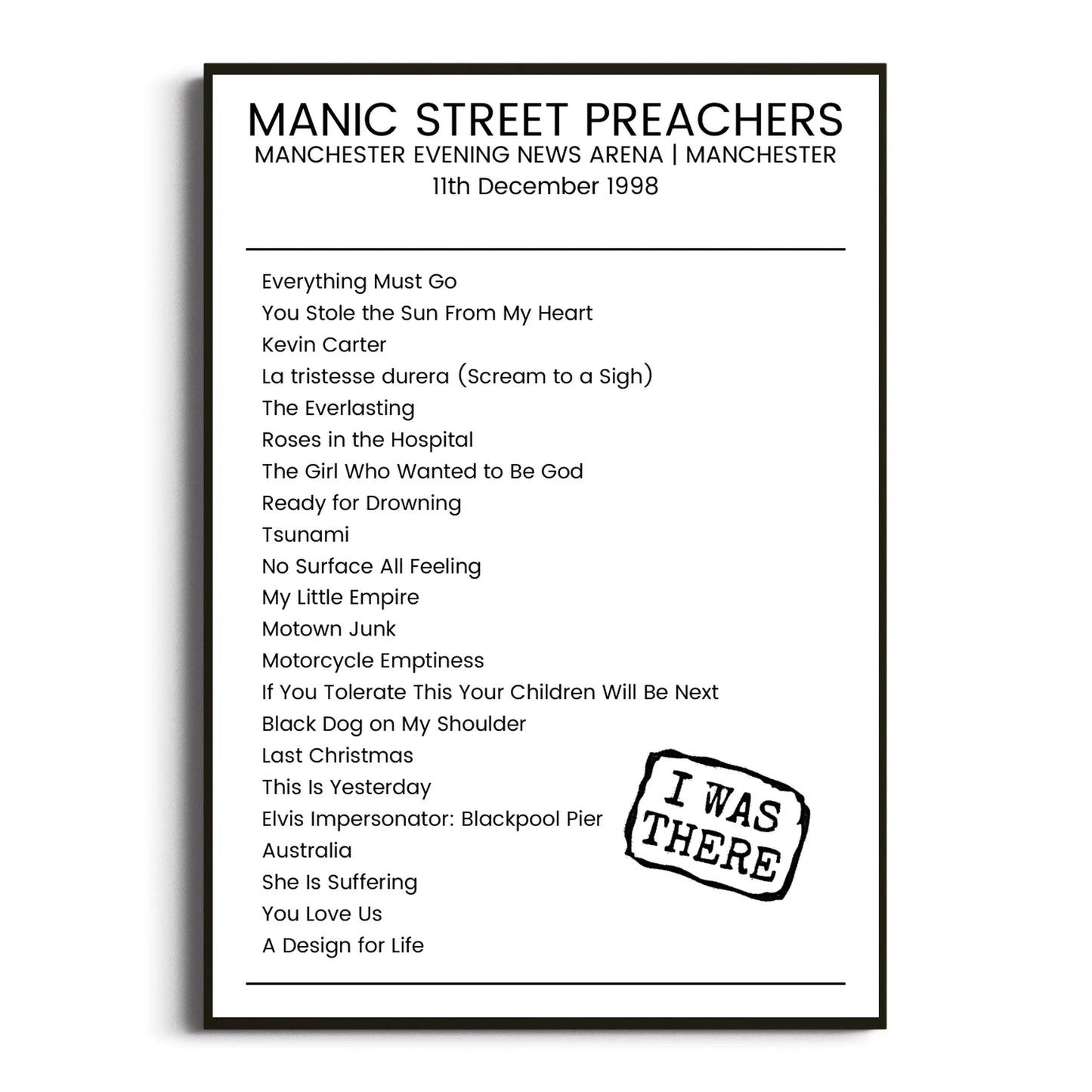 Manic Street Preachers Manchester 11 December 1998 Setlist Poster