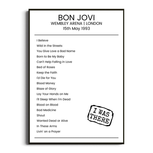 Bon Jovi London 15 May 1993 Setlist Poster