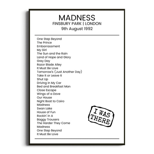 Madness London 09 August 1992 Setlist Poster