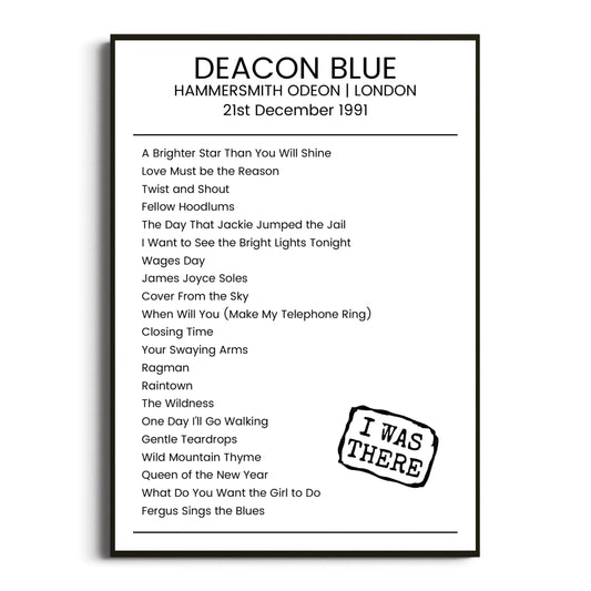 Deacon Blue London 21 December 1991 Setlist Poster