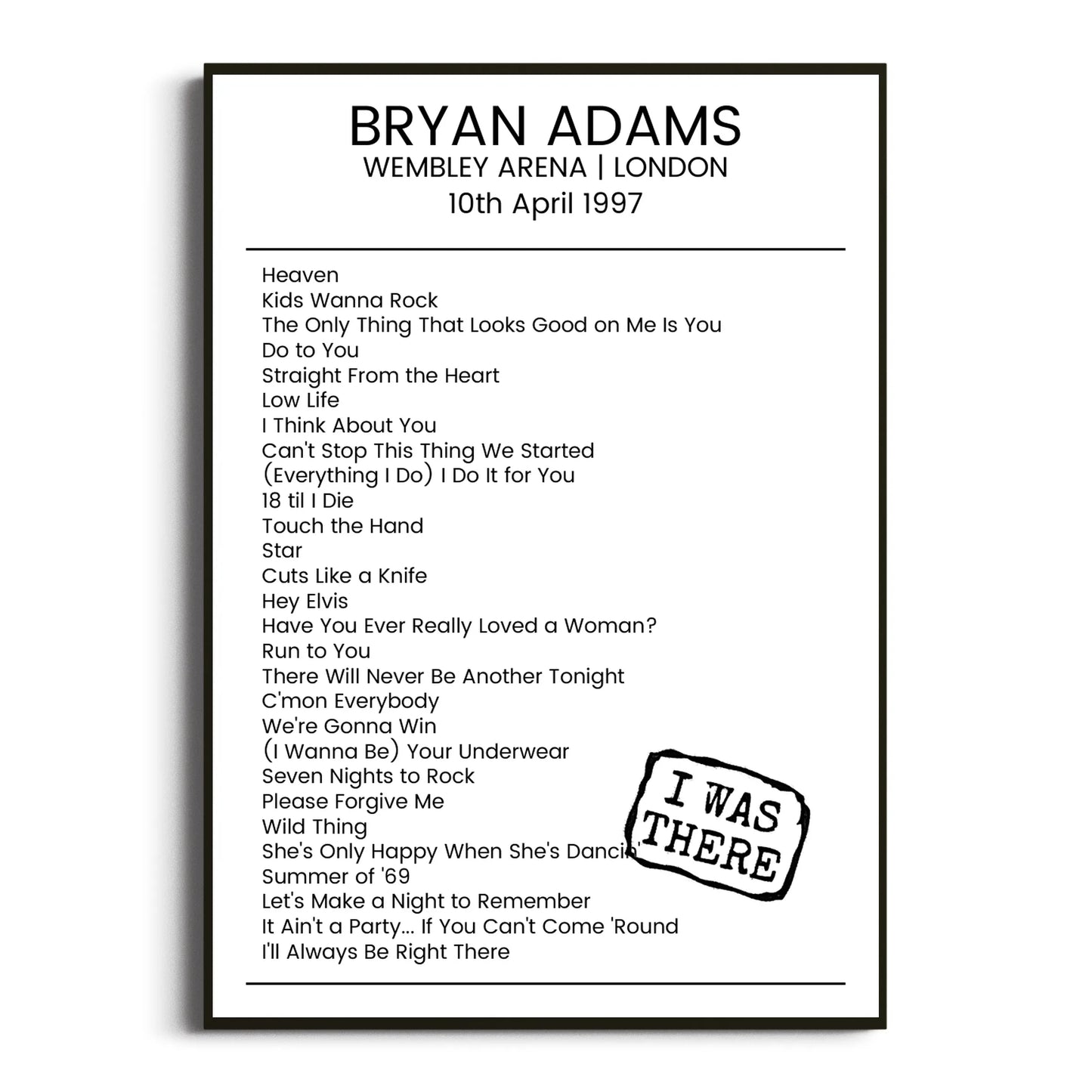 Bryan Adams London 10 April 1997 Setlist Poster