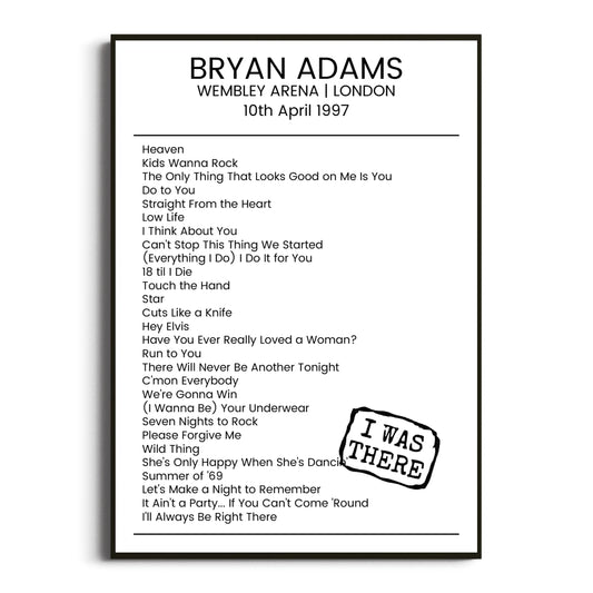 Bryan Adams London 10 April 1997 Setlist Poster