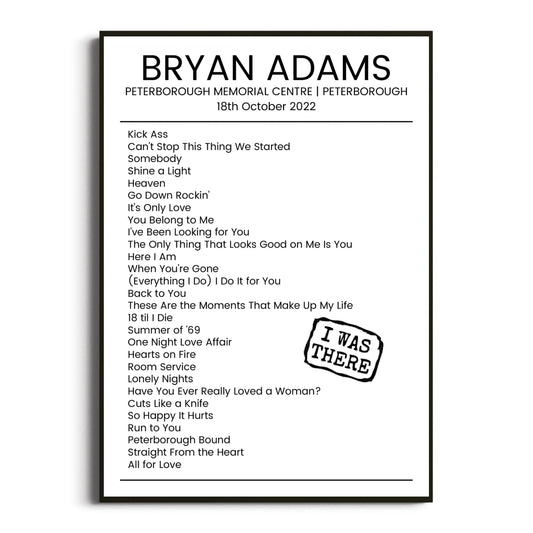 Bryan Adams Peterborough 18 October 2022 Setlist Poster