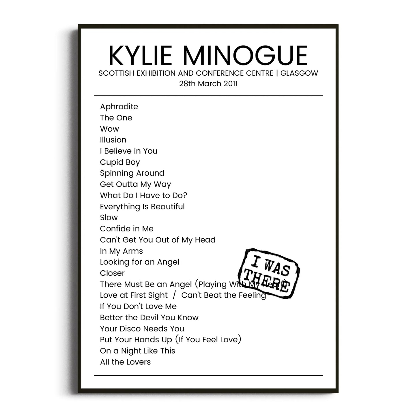 Kylie Minogue Glasgow 28 March 2011 Setlist Poster