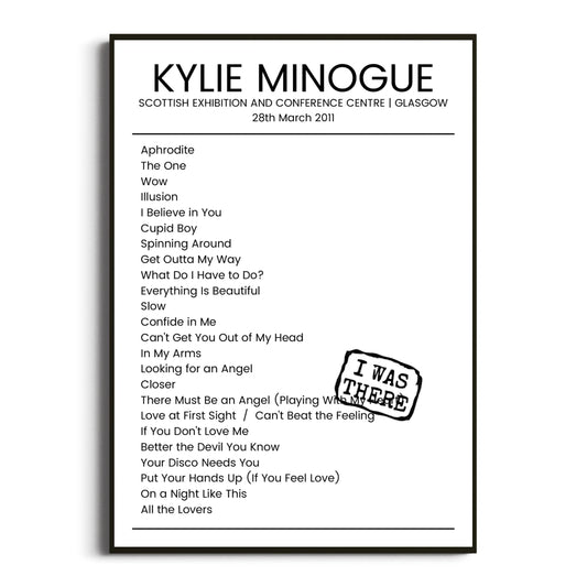 Kylie Minogue Glasgow 28 March 2011 Setlist Poster