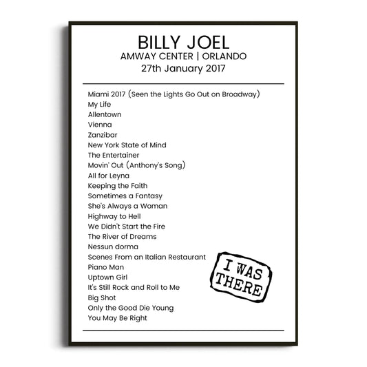 Billy Joel Orlando 27 January 2017 Setlist Poster