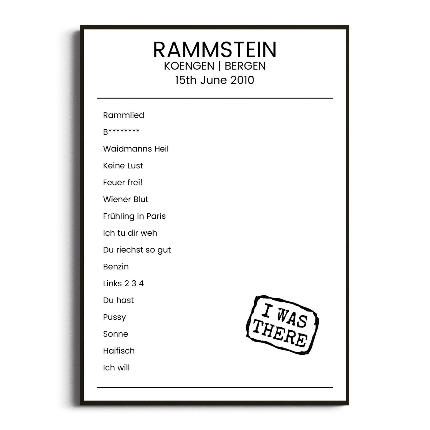 Rammstein Bergen 15 June 2010 Setlist Poster