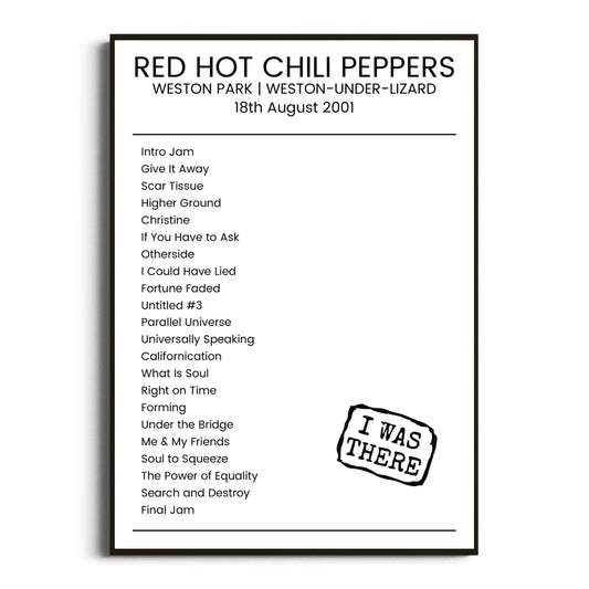 Red Hot Chili Peppers Weston-under-Lizard 18 August 2001 Setlist Poster