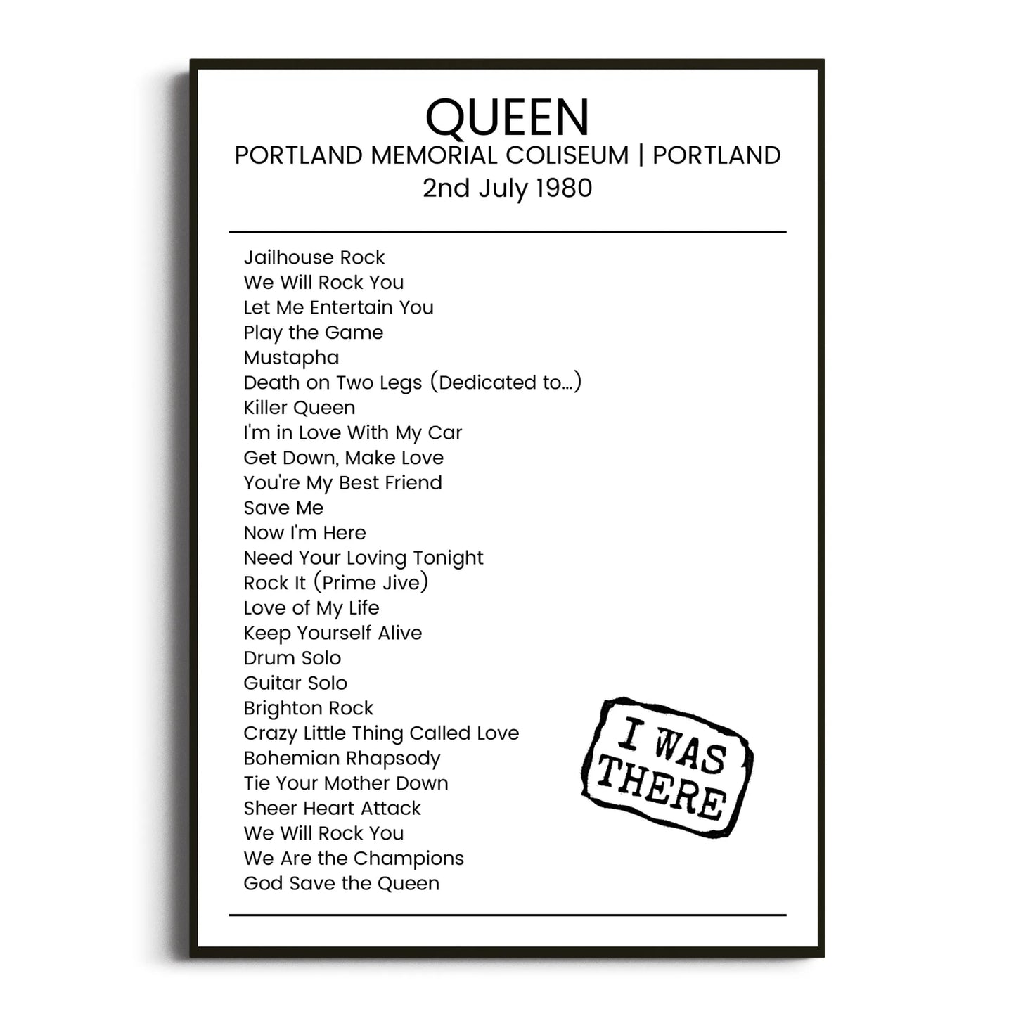 Queen Portland 02 July 1980 Setlist Poster