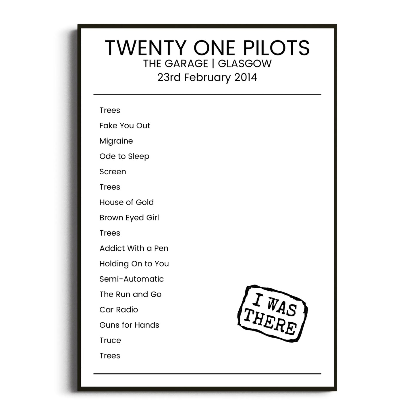 Twenty One Pilots Glasgow 23 February 2014 Setlist Poster