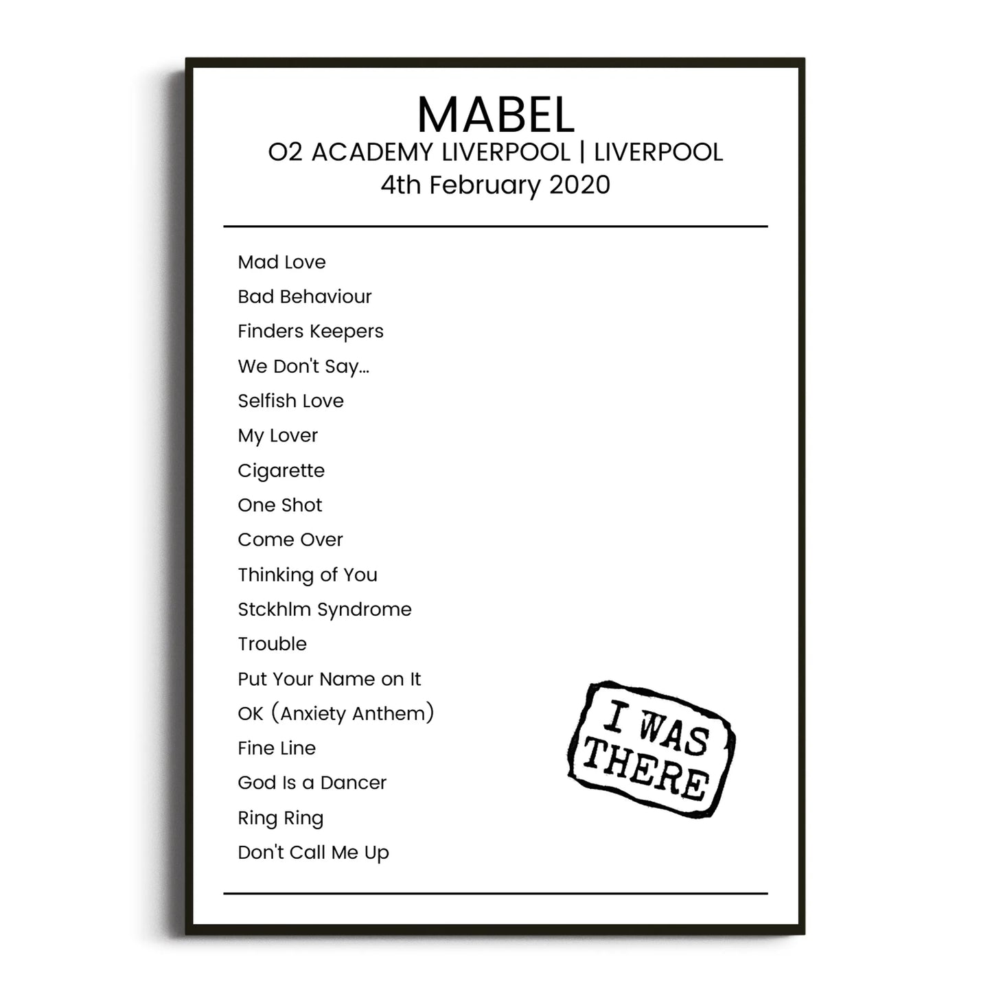 Mabel Liverpool 04 February 2020 Setlist Poster