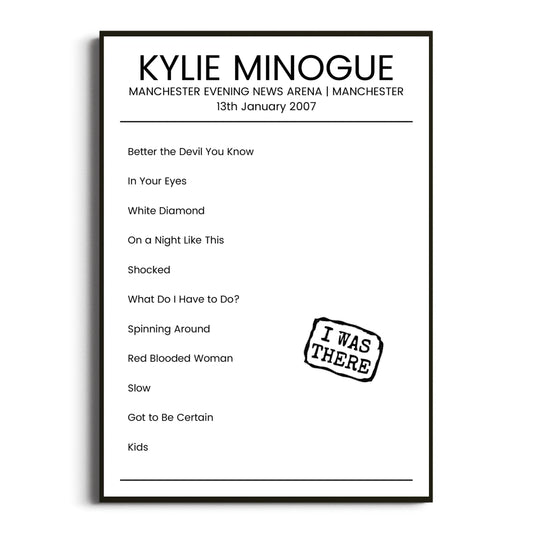 Kylie Minogue Manchester 13 January 2007 Setlist Poster