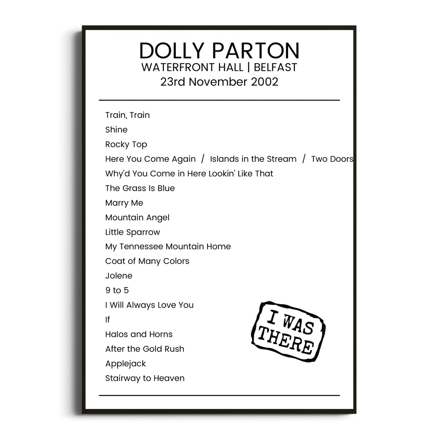 Dolly Parton Belfast 23 November 2002 Setlist Poster