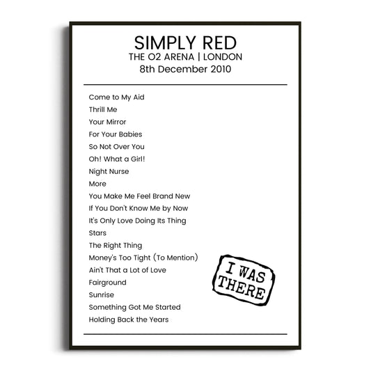 Simply Red London 08 December 2010 Setlist Poster