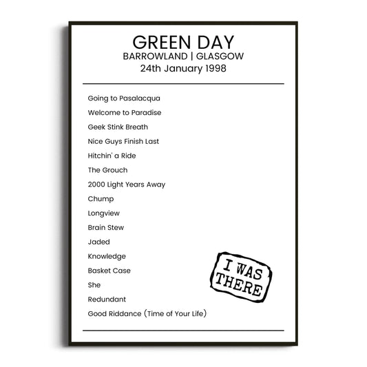 Green Day Glasgow 24 January 1998 Setlist Poster