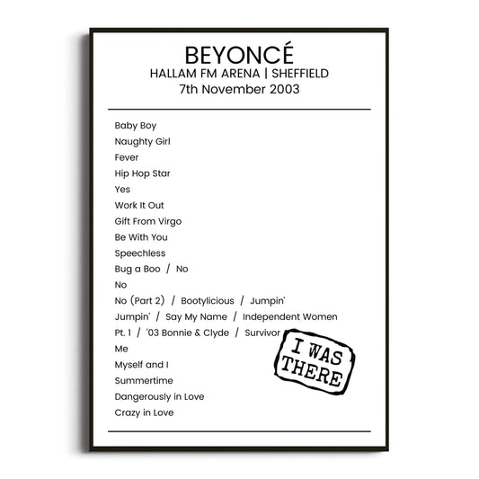 Beyoncé Sheffield 07 November 2003 Setlist Poster