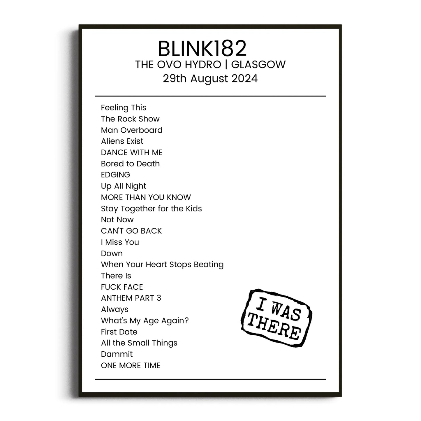 blink‐182 Glasgow 29 August 2024 Setlist Poster