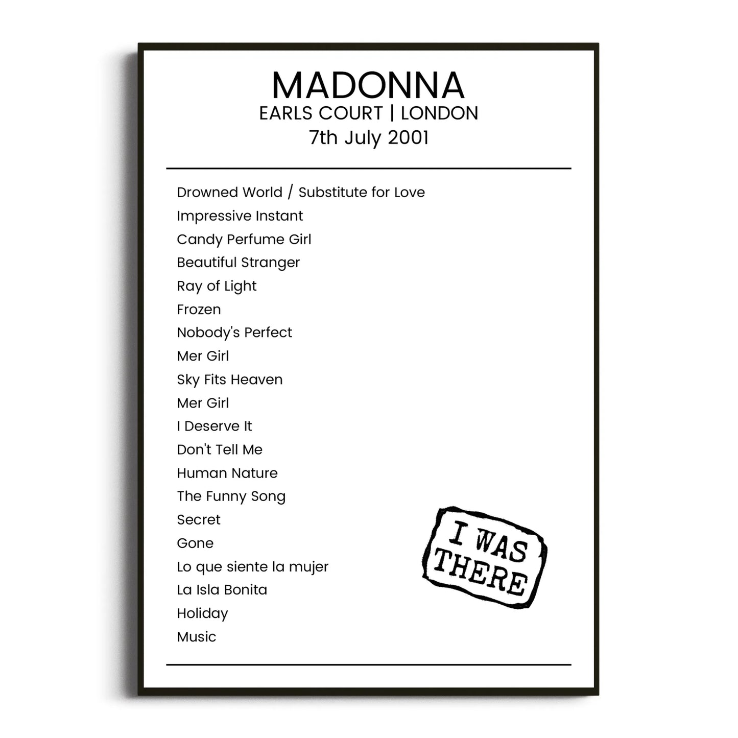 Madonna London 07 July 2001 Setlist Poster