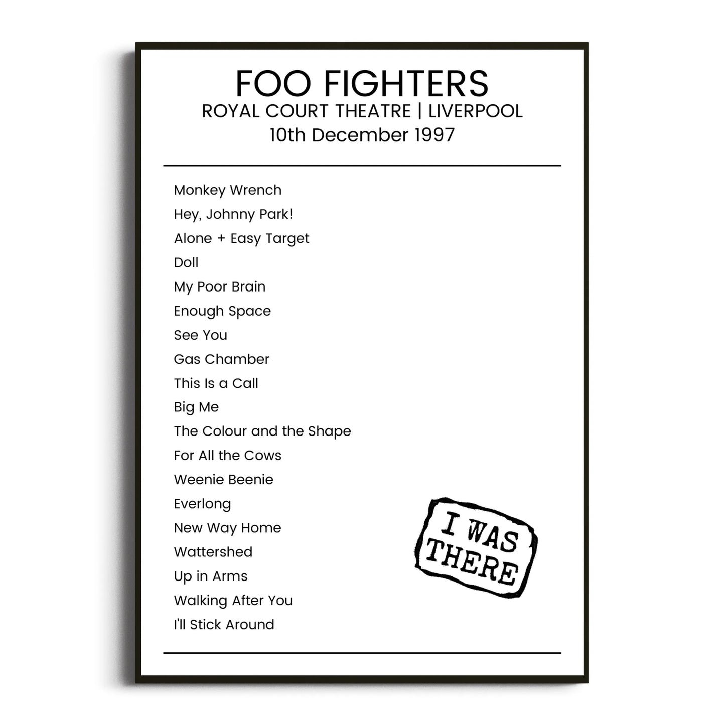 Foo Fighters Liverpool 10 December 1997 Setlist Poster