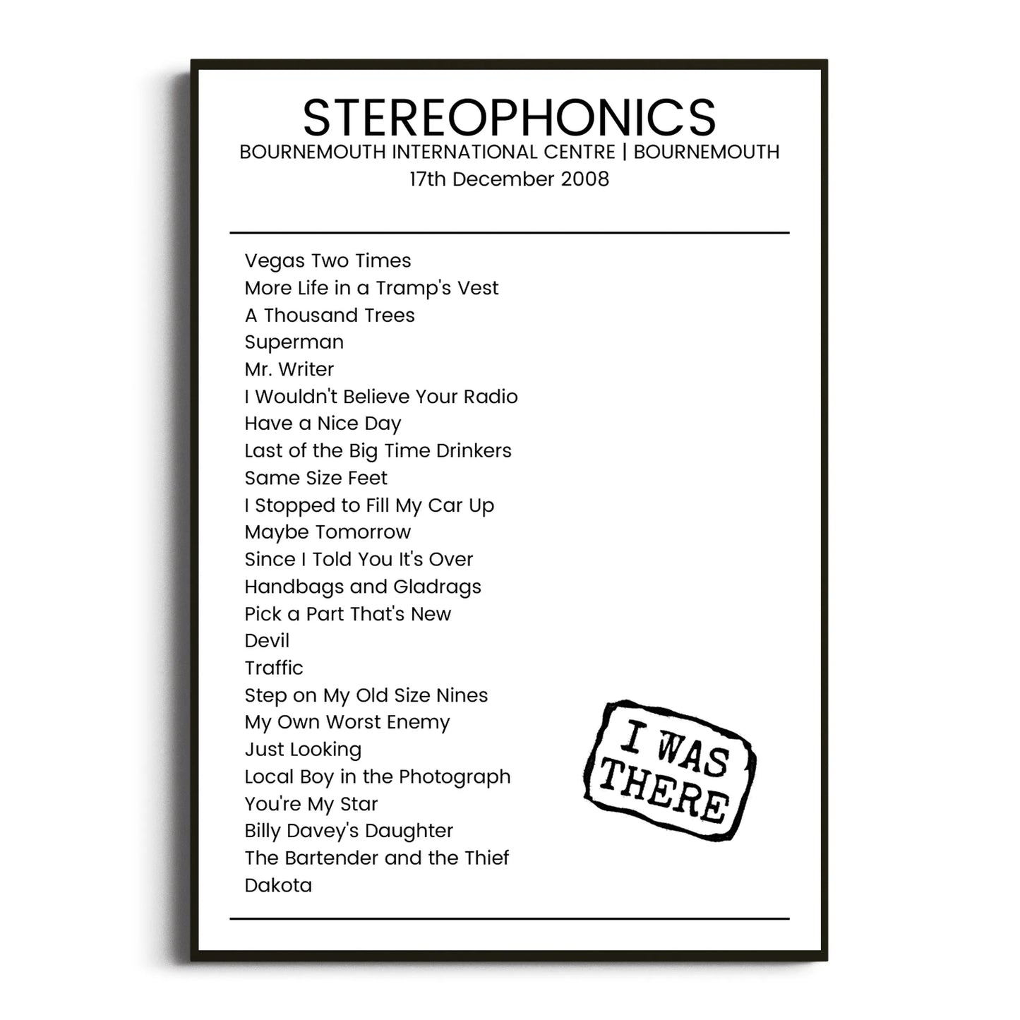 Stereophonics Bournemouth 17 December 2008 Setlist Poster