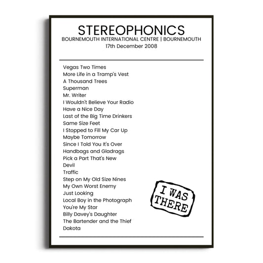 Stereophonics Bournemouth 17 December 2008 Setlist Poster