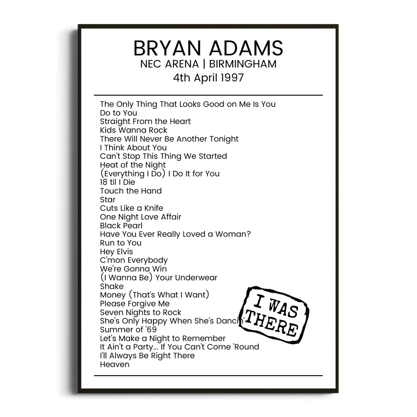 Bryan Adams Birmingham 04 April 1997 Setlist Poster