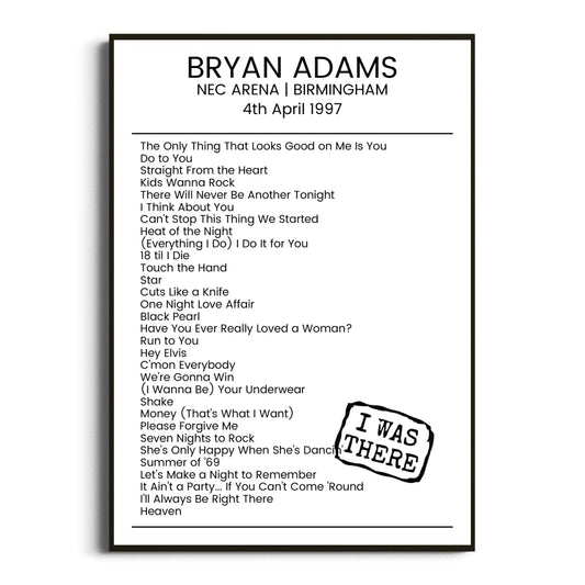 Bryan Adams Birmingham 04 April 1997 Setlist Poster