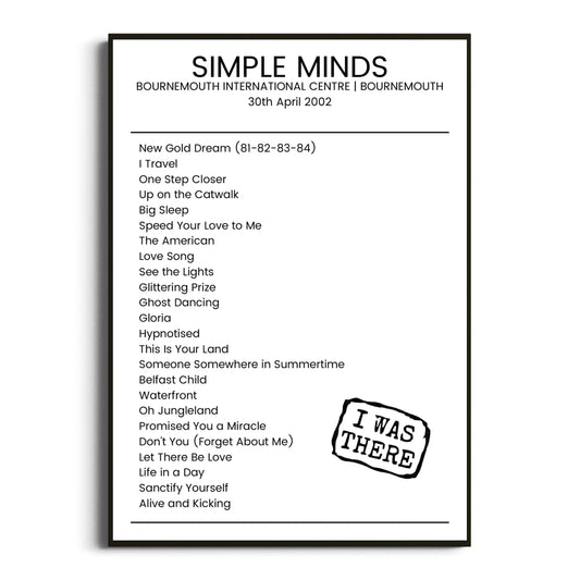 Simple Minds Bournemouth 30 April 2002 Setlist Poster