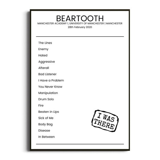 Beartooth Manchester 28 February 2020 Setlist Poster