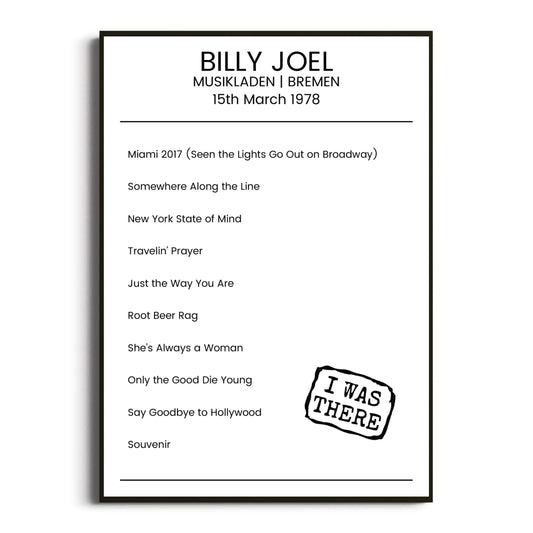 Billy Joel Bremen 15 March 1978 Setlist Poster