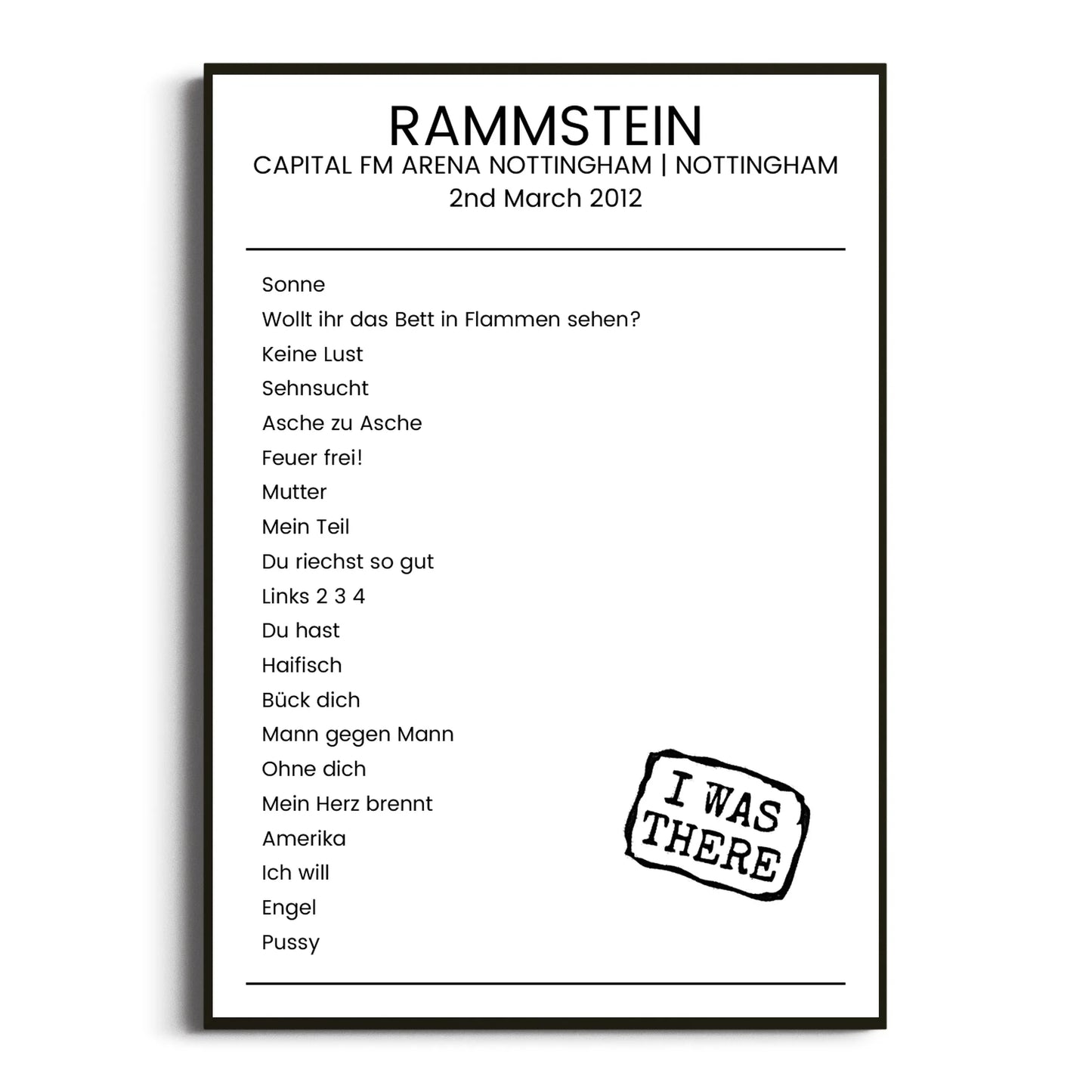 Rammstein Nottingham 02 March 2012 Setlist Poster