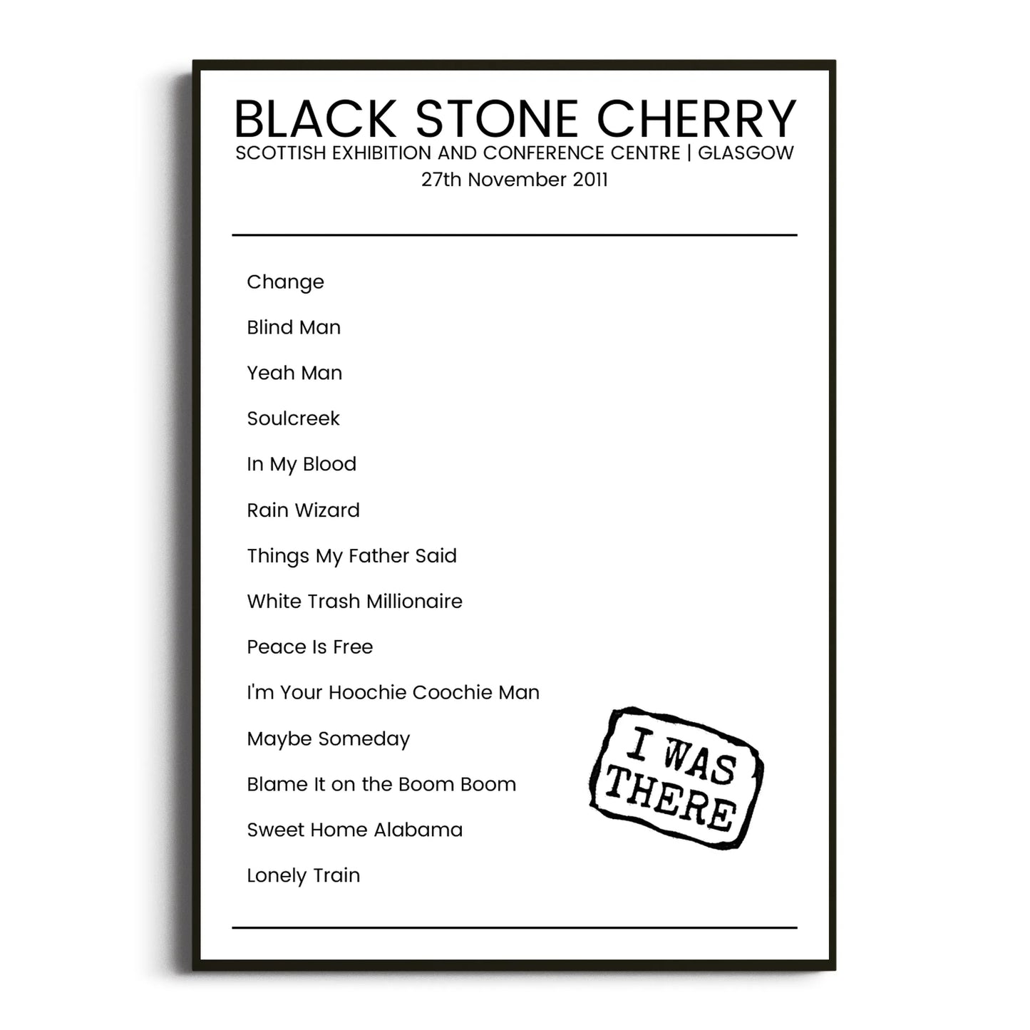 Black Stone Cherry Glasgow 27 November 2011 Setlist Poster