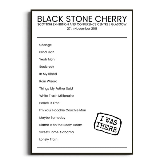 Black Stone Cherry Glasgow 27 November 2011 Setlist Poster