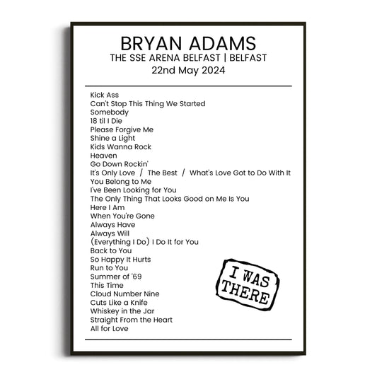 Bryan Adams Belfast 22 May 2024 Setlist Poster