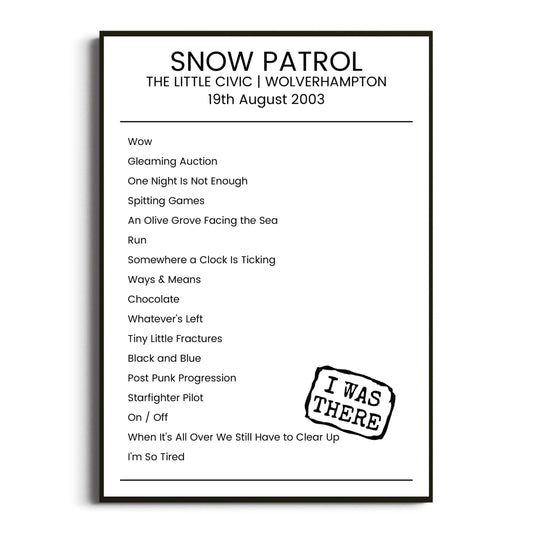 Snow Patrol Wolverhampton 19 August 2003 Setlist Poster