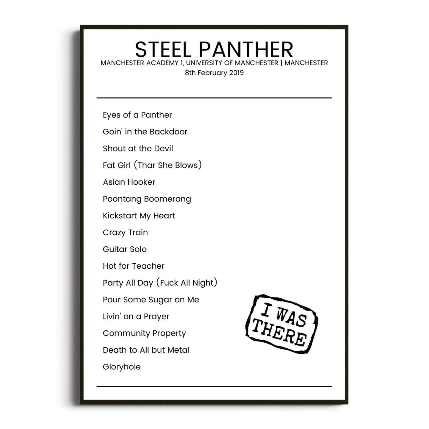 Steel Panther Manchester 08 February 2019 Setlist Poster