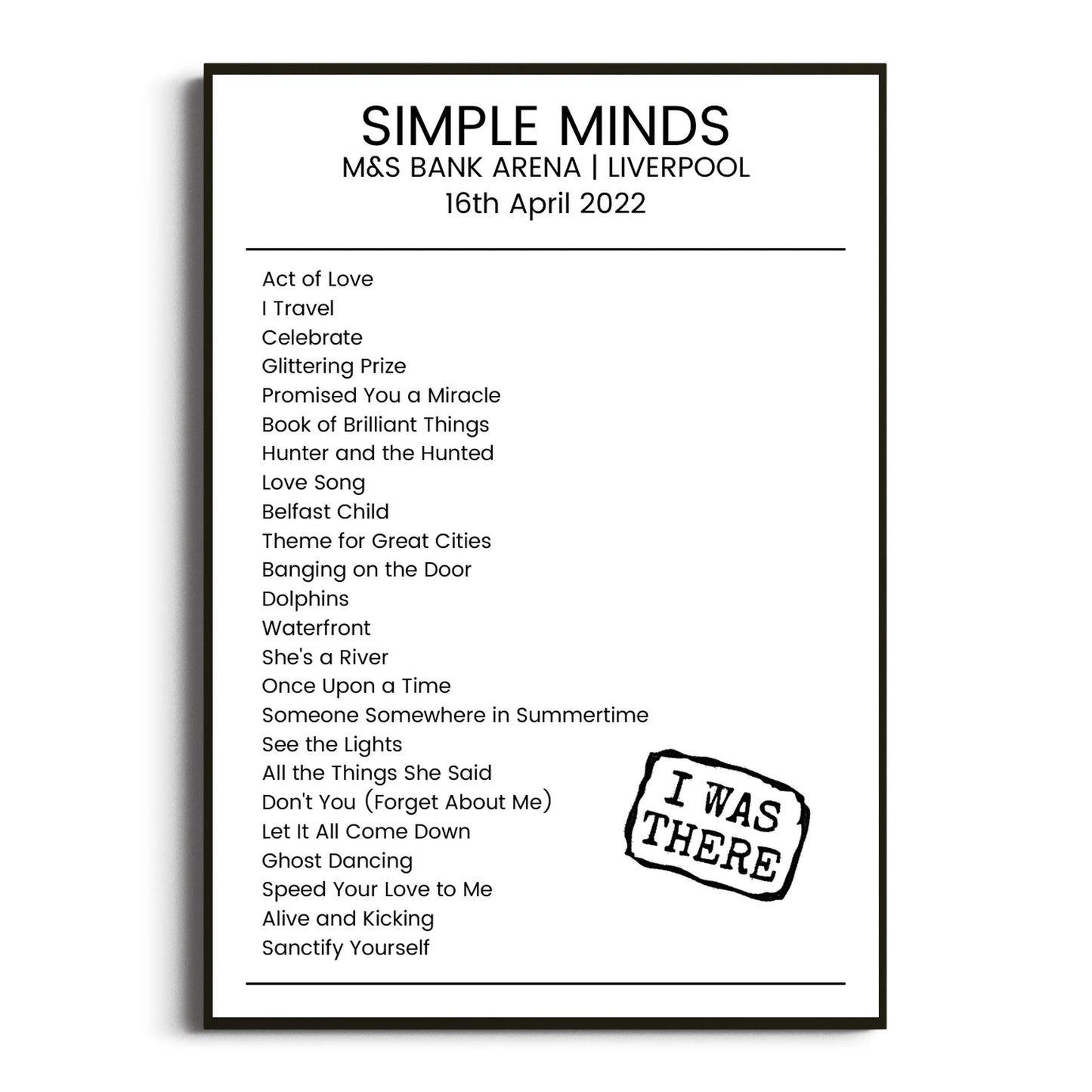 Simple Minds Liverpool 16 April 2022 Setlist Poster