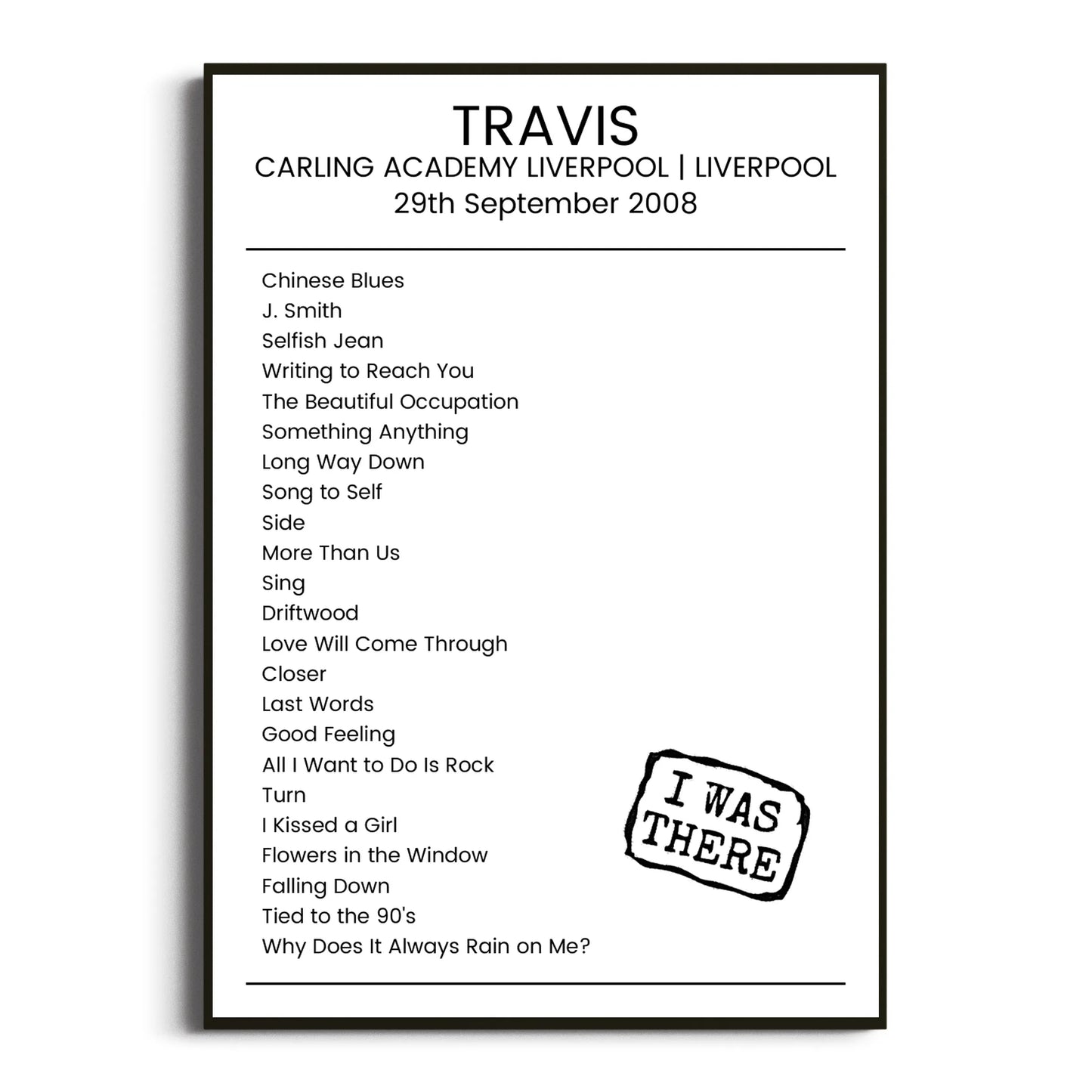 Travis Liverpool 29 September 2008 Setlist Poster