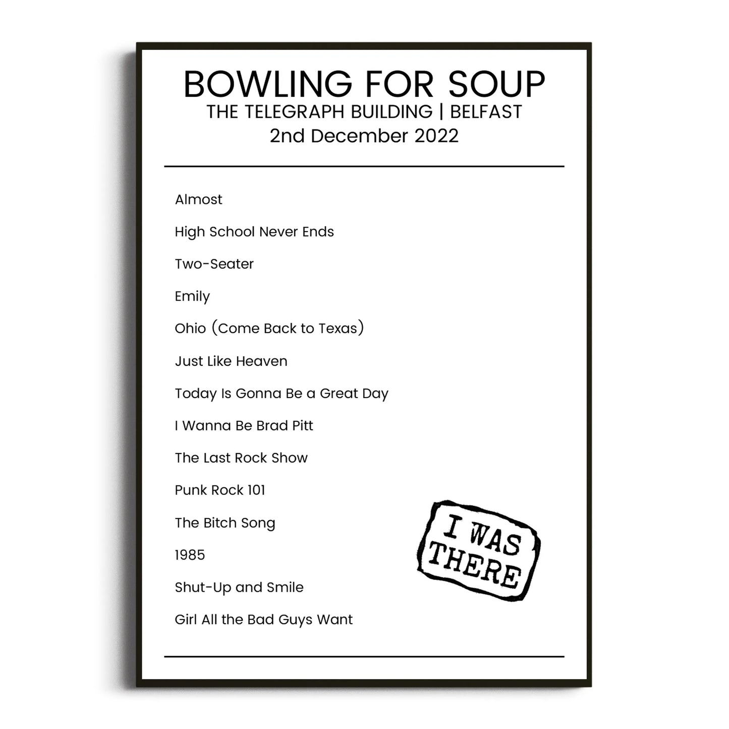 Bowling for Soup Belfast 02 December 2022 Setlist Poster