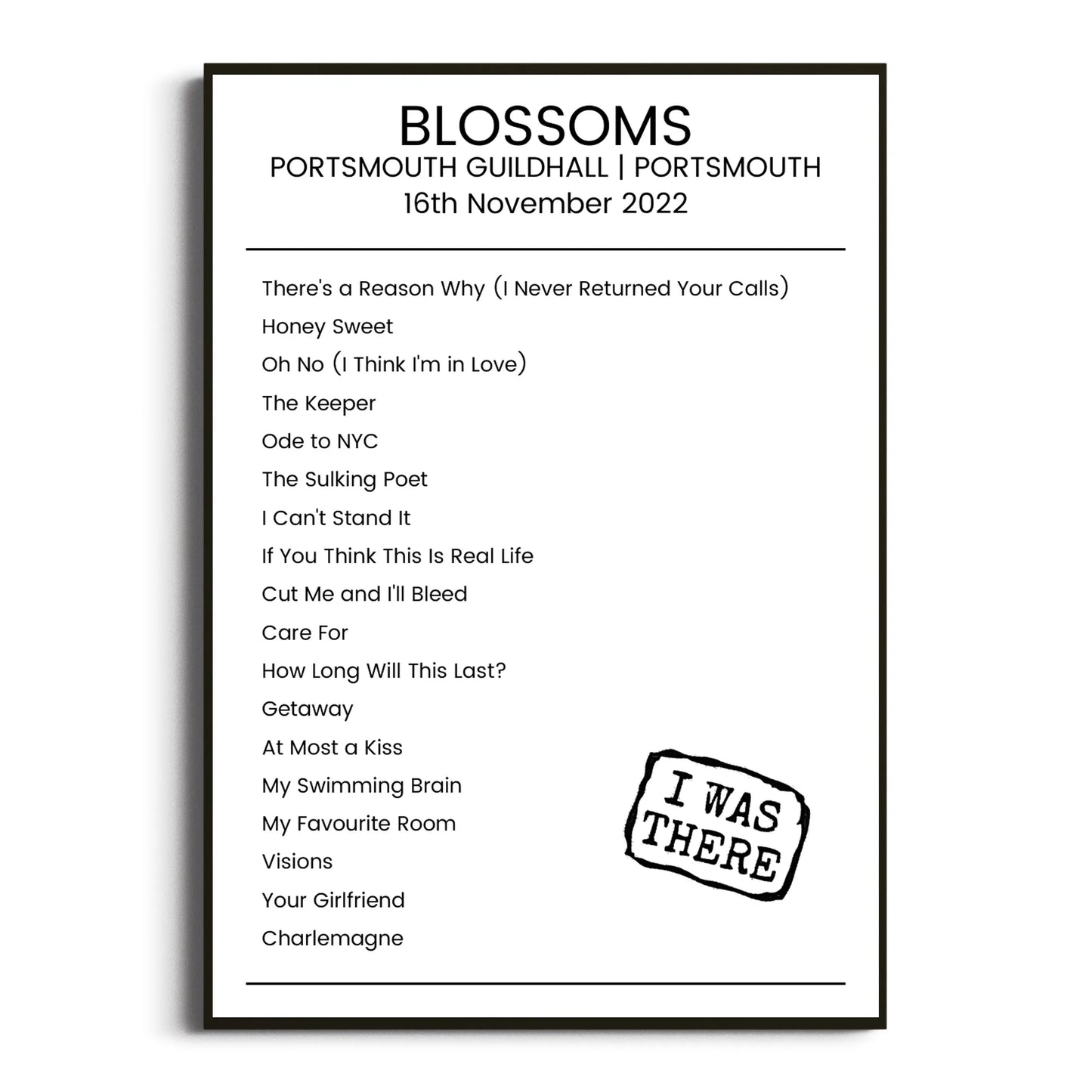 Blossoms Portsmouth 16 November 2022 Setlist Poster